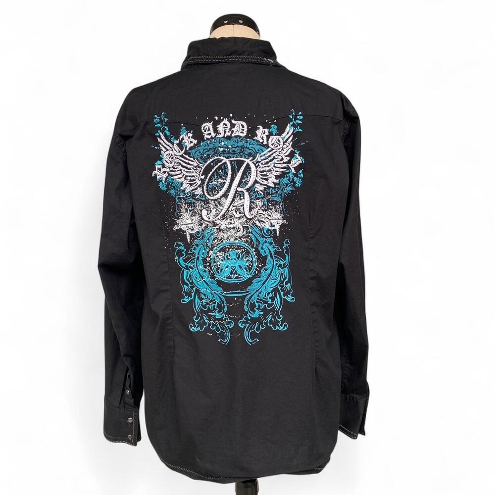 Rock & Roll Cowgirl black long sleeve button up shirt, size XXL